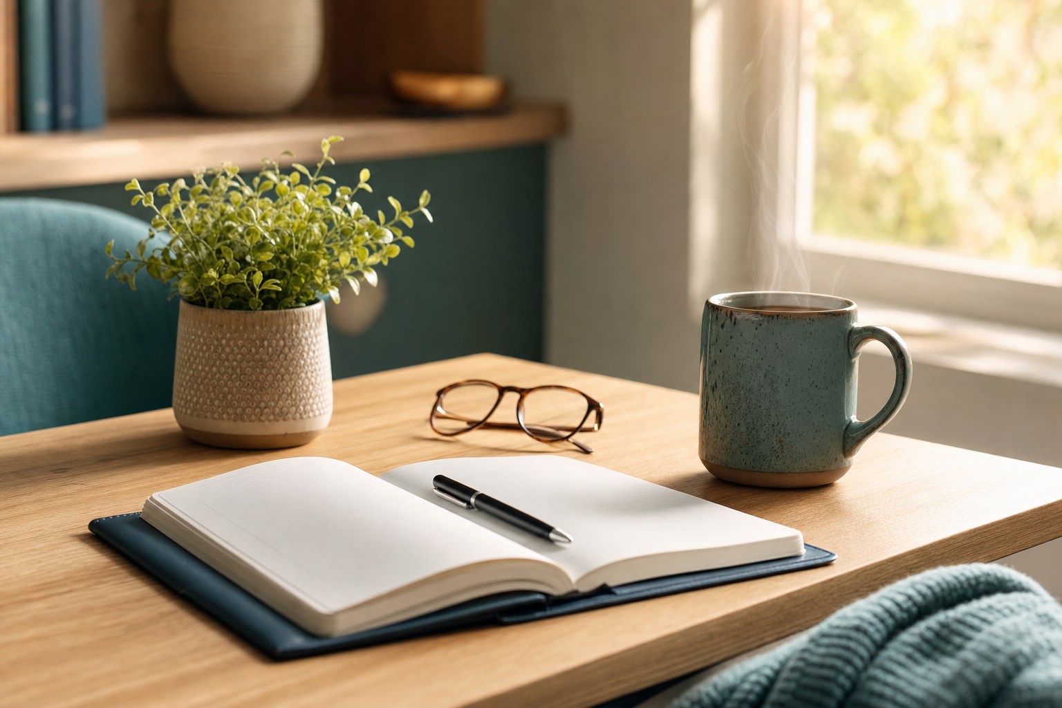 A calm consultation desk with an open care-plan notebook, glasses, a plant, and a warm cup of tea in soft natural light