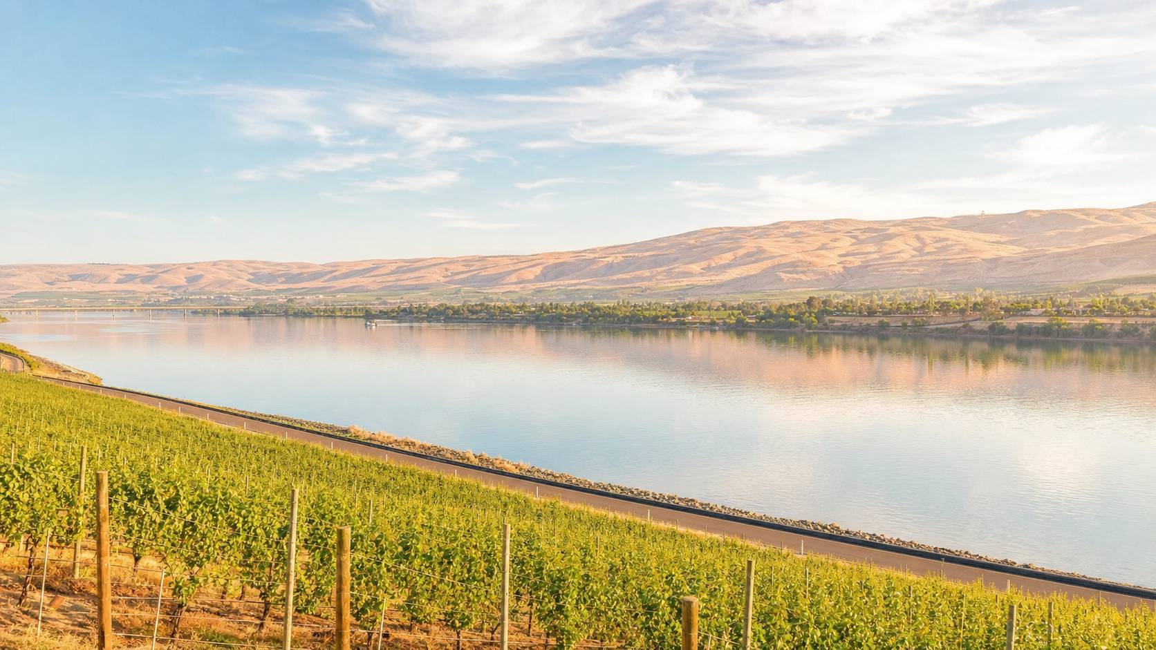 The Columbia River winding through vineyards and golden hills in the Tri-Cities region of Washington